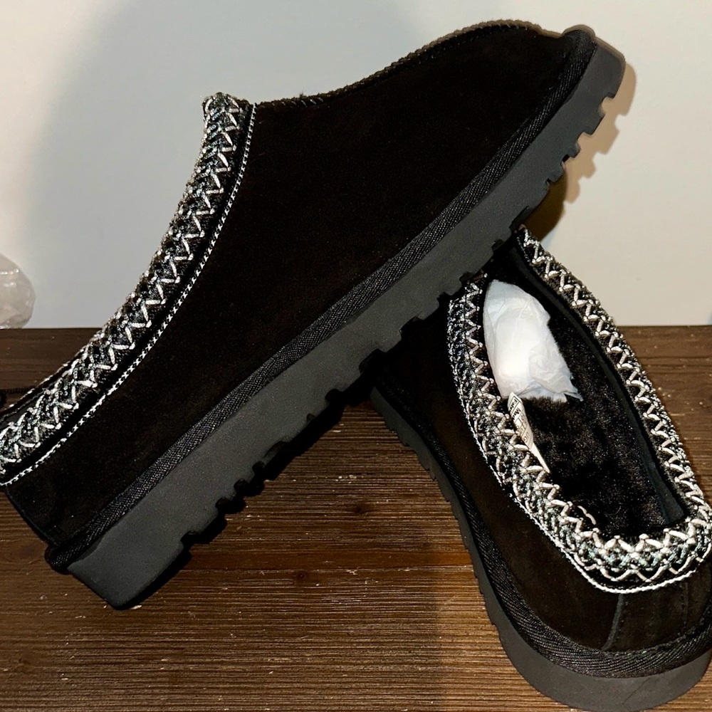 UGG Black Suede Slippers with Braided Trim. Hard some. Size 10 . New. Dust bag
